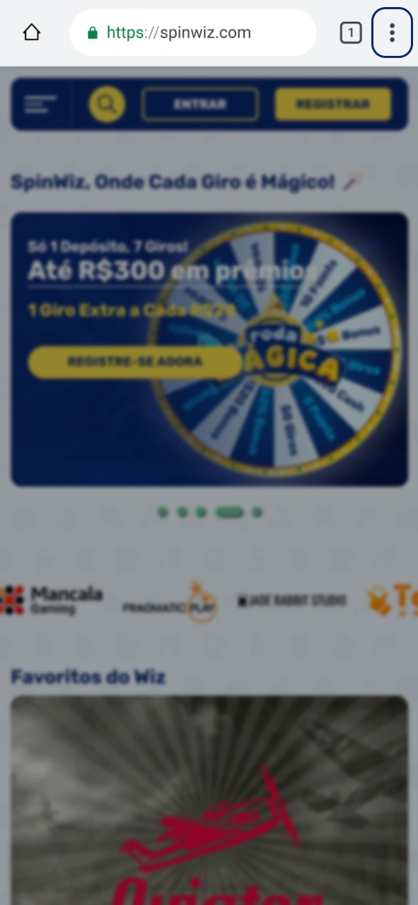Você precisa abrir o menu do navegador na página inicial do Spinwiz.