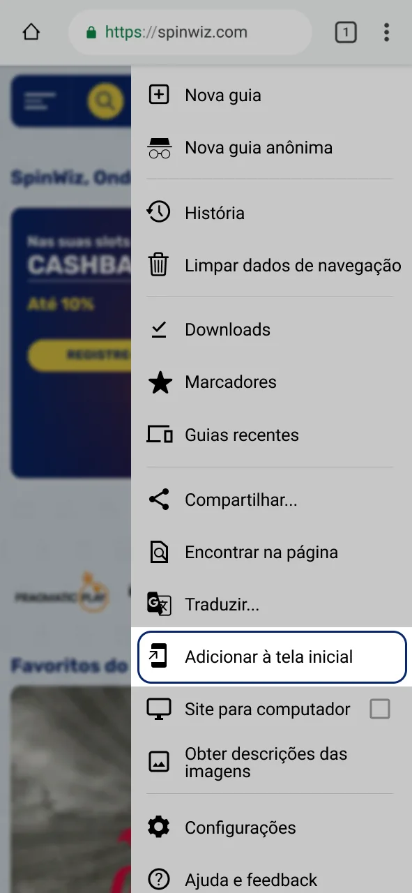 Selecione a função para adicionar o aplicativo Spinwiz à tela inicial.