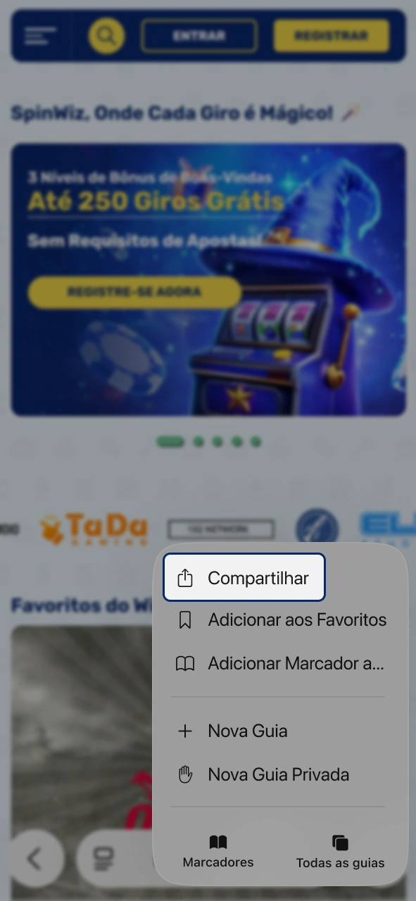Abra o menu do navegador Safari na página inicial do Spinwiz.
