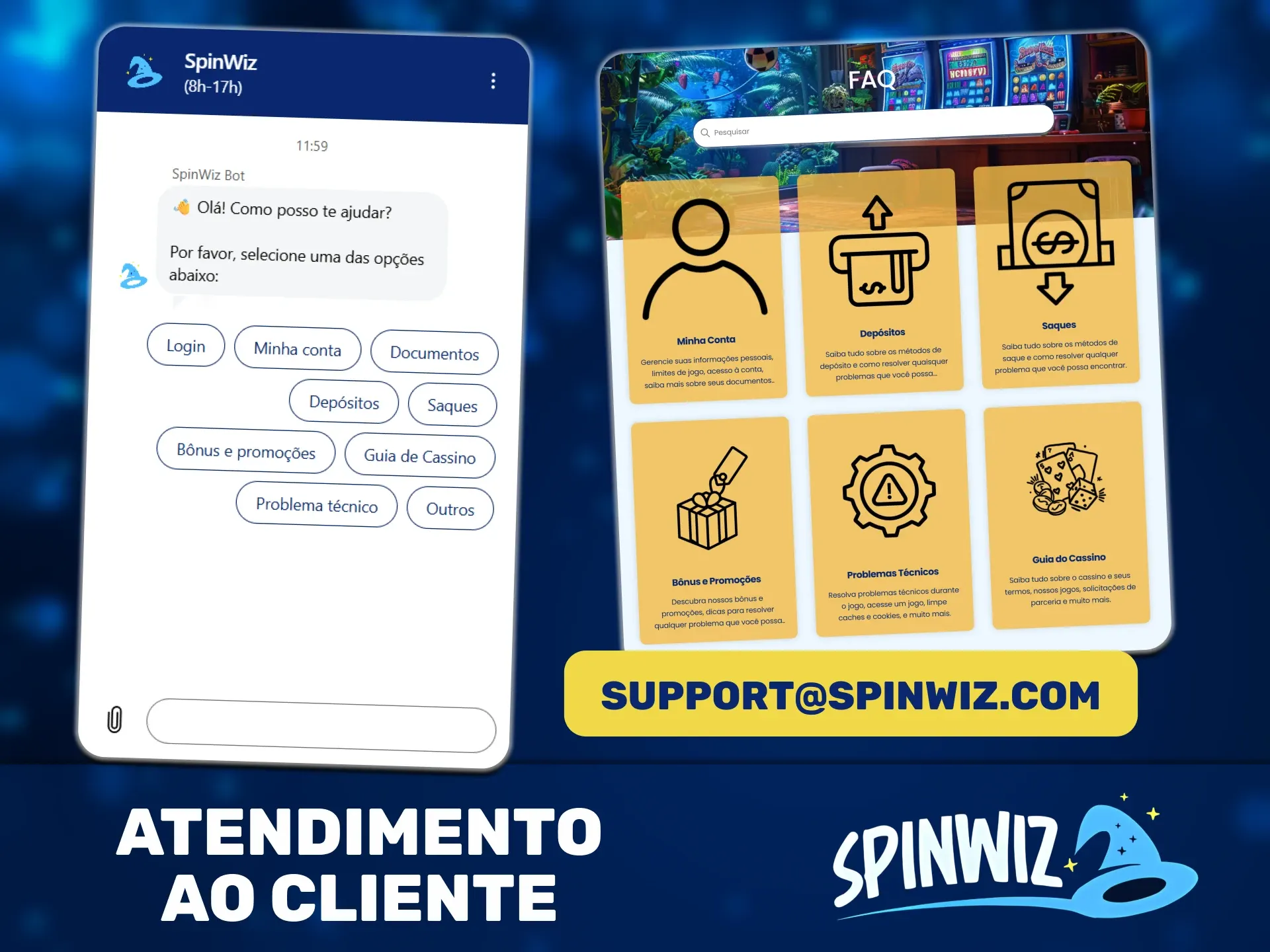 A equipe de suporte da Spinwiz está pronta para responder a todas as suas perguntas.