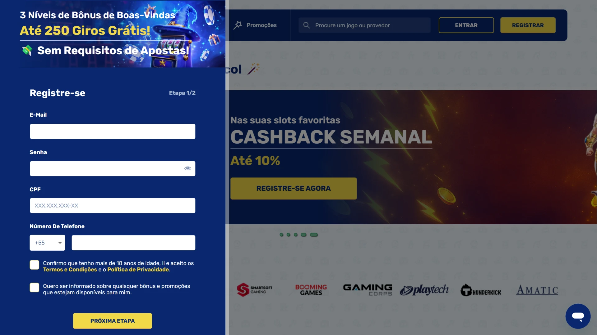 Formulário de inscrição no site oficial da Spinwiz.