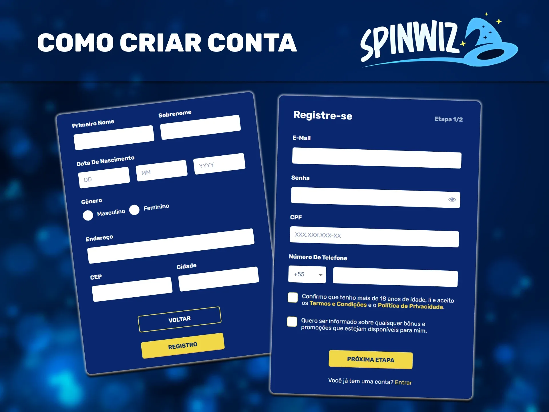 Registre-se no Spinwiz em 2 etapas.