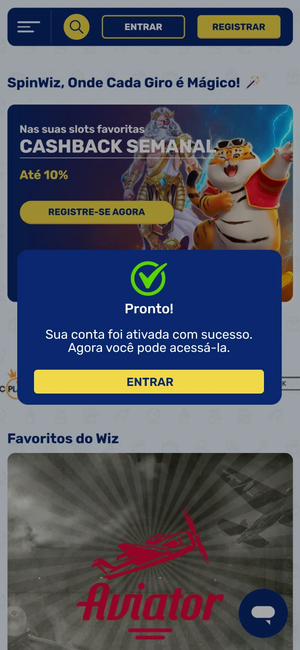 Clique no link para ativar sua conta Spinwiz.