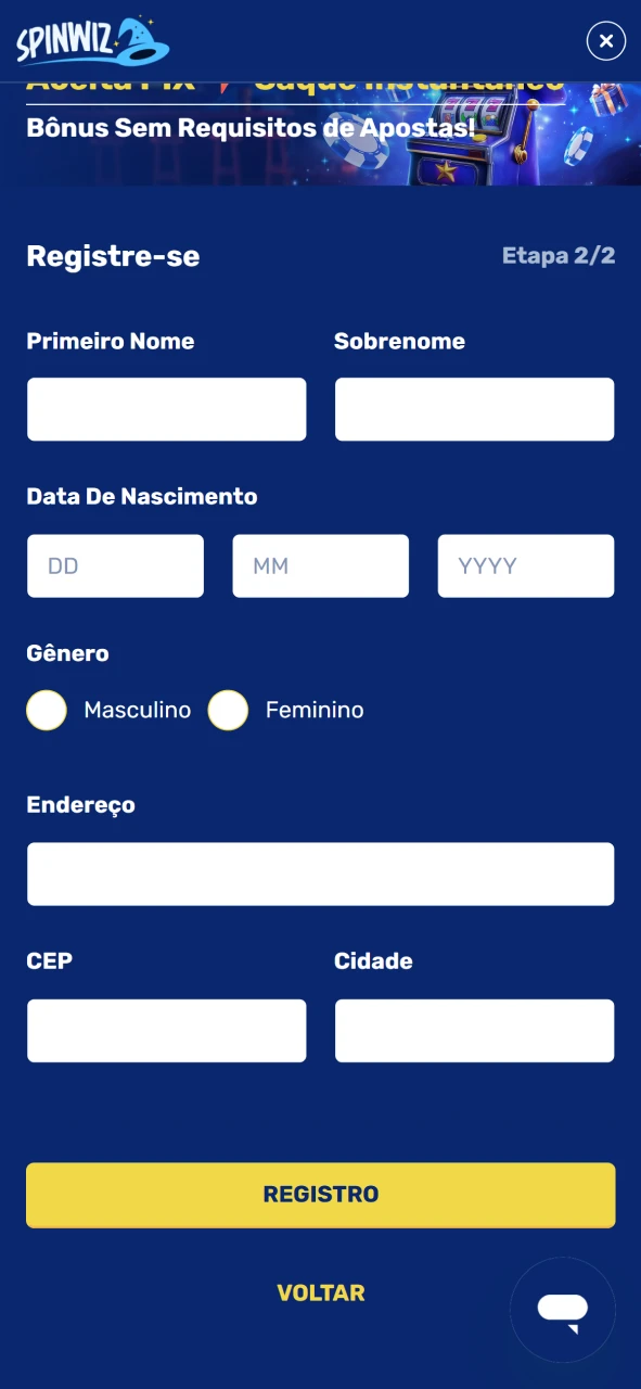 Conclua o processo de registro no Spinwiz.
