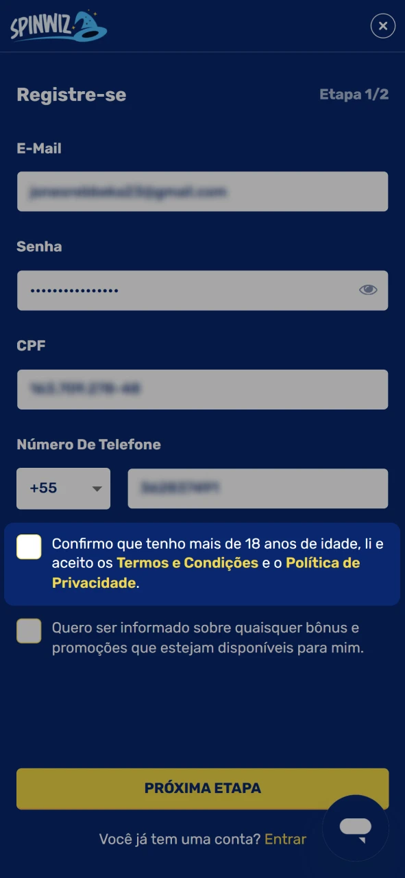 Confirme sua idade e leia as regras do Spinwiz.