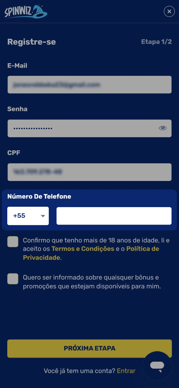 Insira o número do seu telefone para vinculá-lo à sua conta Spinwiz.