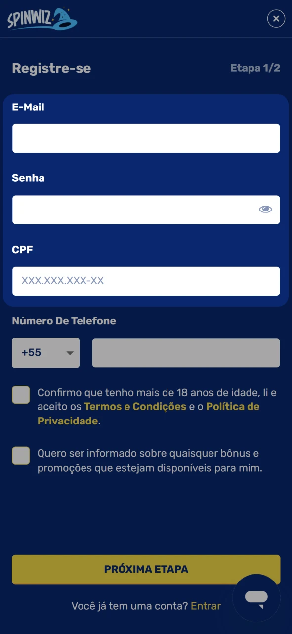 Preencha o formulário de registro do Spinwiz.