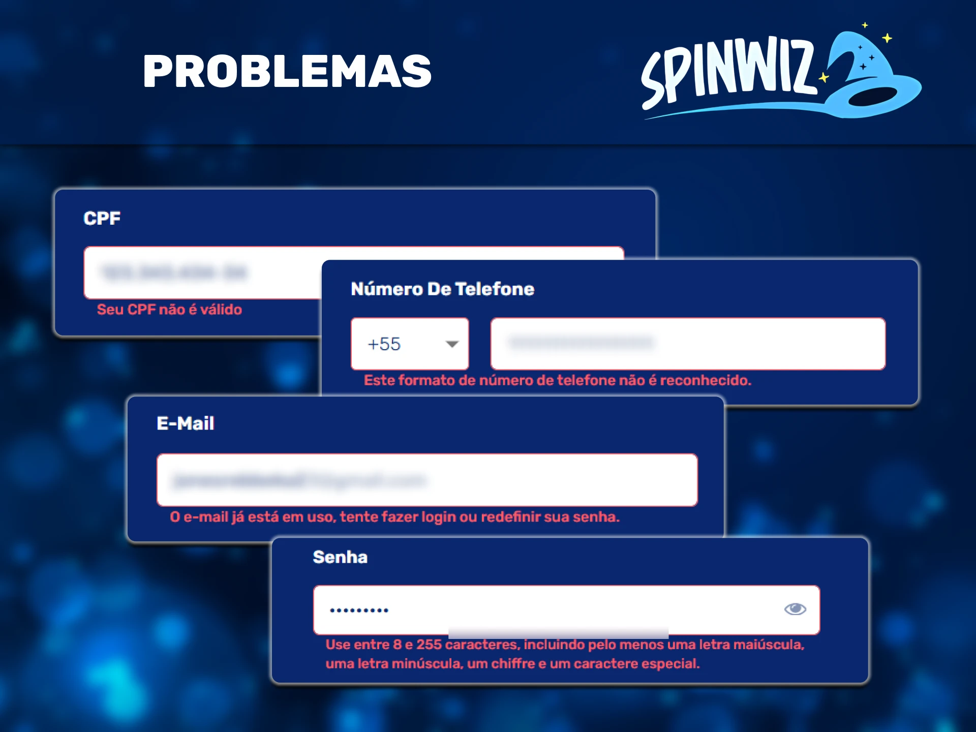 Insira informações corretas para evitar problemas ao se registrar no Spinwiz.