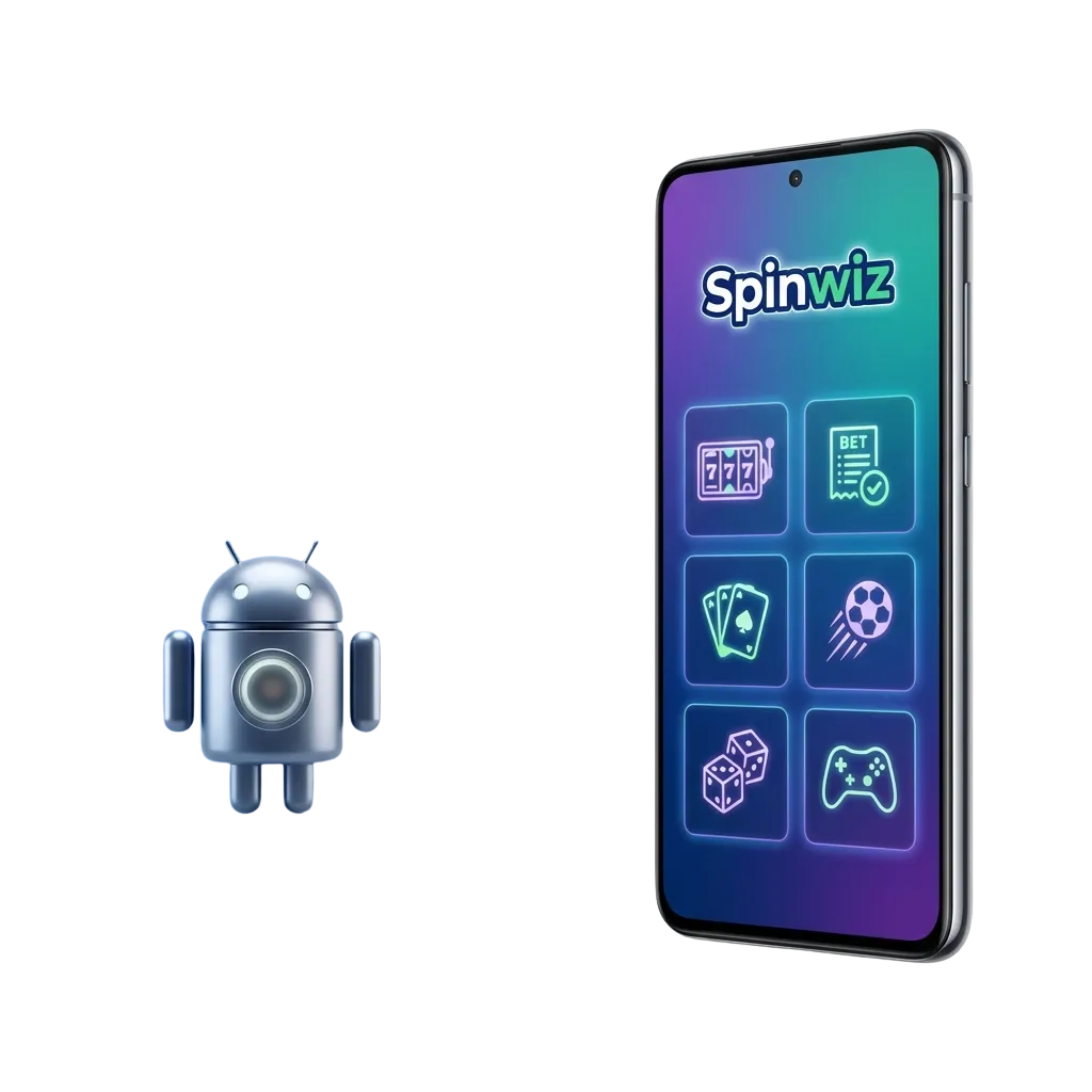 Spinwiz Android app interface showing mobile betting and casino games available for free download