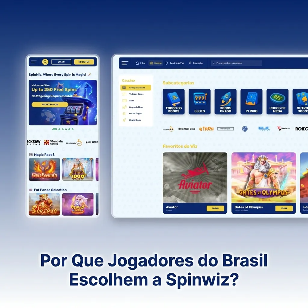 Brazilian players using Spinwiz platform on mobile with Pix payment, slots, and customer support features displayed